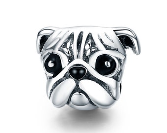 Charm for Bracelet, Pug Puppy Charm Beads, 100% Genuine 925 Sterling Silver Charm Fits Pandora Bracelet Necklace, SCC834