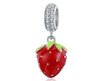 Mireval Sterling Silver Enameled Strawberry Charm on an Optional Charm Holder Mireval Sterling Silver Enameled Strawberry Charm on an Optional Charm Holder