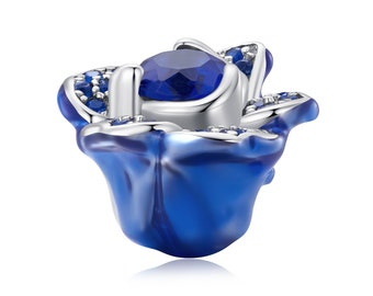 Blue Rose Charm, Charm for Bracelet, 925 Sterling Silver Charm Fit Pandora Bracelets, Gift for Her