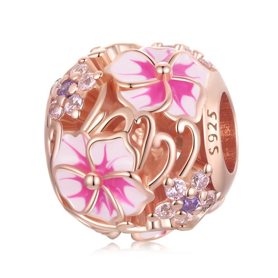 Cherry Blossom Bead Charm, Charm for Bracelet, 925 Sterling Silver