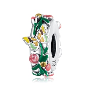Charm for Bracelet, Butterfly & Flower Sapcer Charm,  925 Sterling Silver Charm Fits Pandora Bracelet Necklace