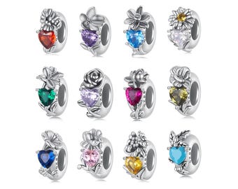 Twelve Birthstones Charm, Charm for Bracelet, 925 Sterling Silver Charm Fit Pandora Bracelets, Gift for Her