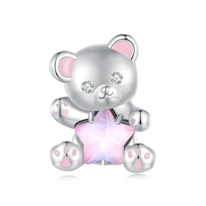 Pink Star Bear Charm, Charm for Bracelet, 925 Sterling Silver Charm Fit Pandora Bracelets, Gift for Her