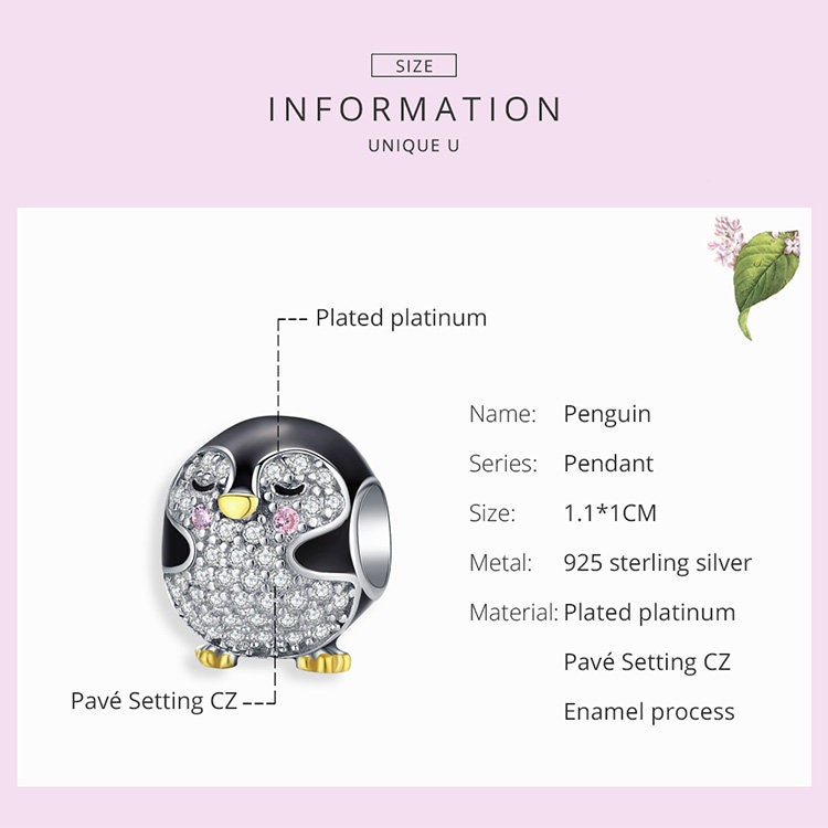 Gnoce Penguin Charm Bead 925 Sterling Silver With CZ Stones - Winter Theme Jewelry For Bracelets & Necklaces