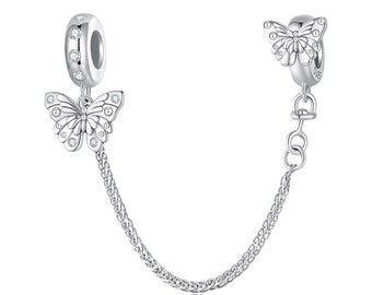 Butterfly Safety Chain Charm, Charm for Bracelet, 925 Sterling Silver Charm Fit Pandora Bracelets, Gift for Her