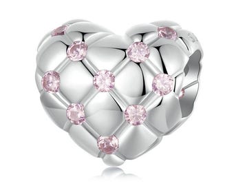 Love Heart Diamond pattern Bead Charm, Charm for Bracelet, 925 Sterling Silver Charm Fit Pandora Bracelets, Gift for Her
