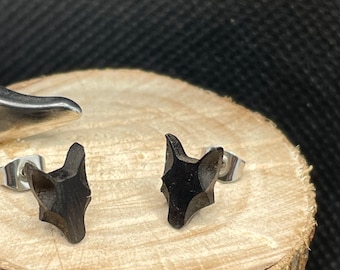 Pair of ebony wood wolf head earrings