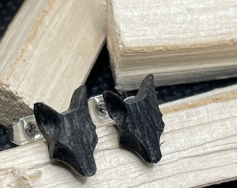 Wooden wolf head earring, bog oak