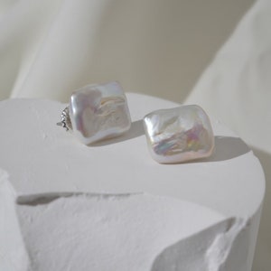 Baroque Pearl Stud Earrings | Square Rectangle Earrings | Oversized Pearl Earrings | Sterling Silver | Large Earrings | Minimalist Design