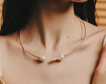 Baroque Pearl Choker: Gold Filled Collar, Freshwater Pearls