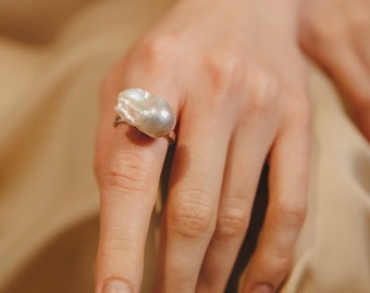Barock Perlenring | Weiß Silber Große Barock Perle | Sterling Silber oder Gold | Verstellbarer Ring | Übergroßer Ring | Erntedank Geschenk