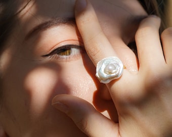 Rose Petal Pearl Ring | Keshi Baroque Pearls | Sterling Silver Adjustable Ring | Mother's Day Gift 【new batch May2024】