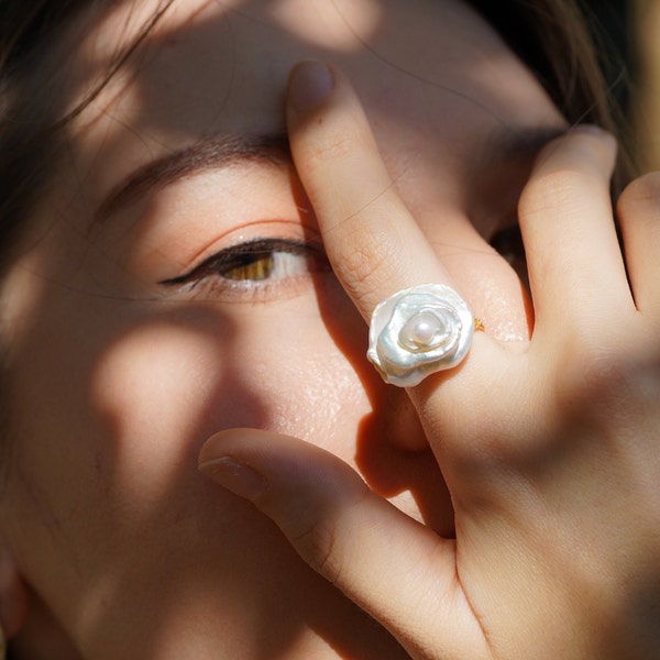 Handmade Rose Pearl Ring: Adjustable Sterling Silver Keshi Baroque Pearl