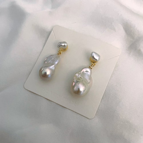 Large Baroque Pearl Drop Earrings White Fireball Baroque - Etsy