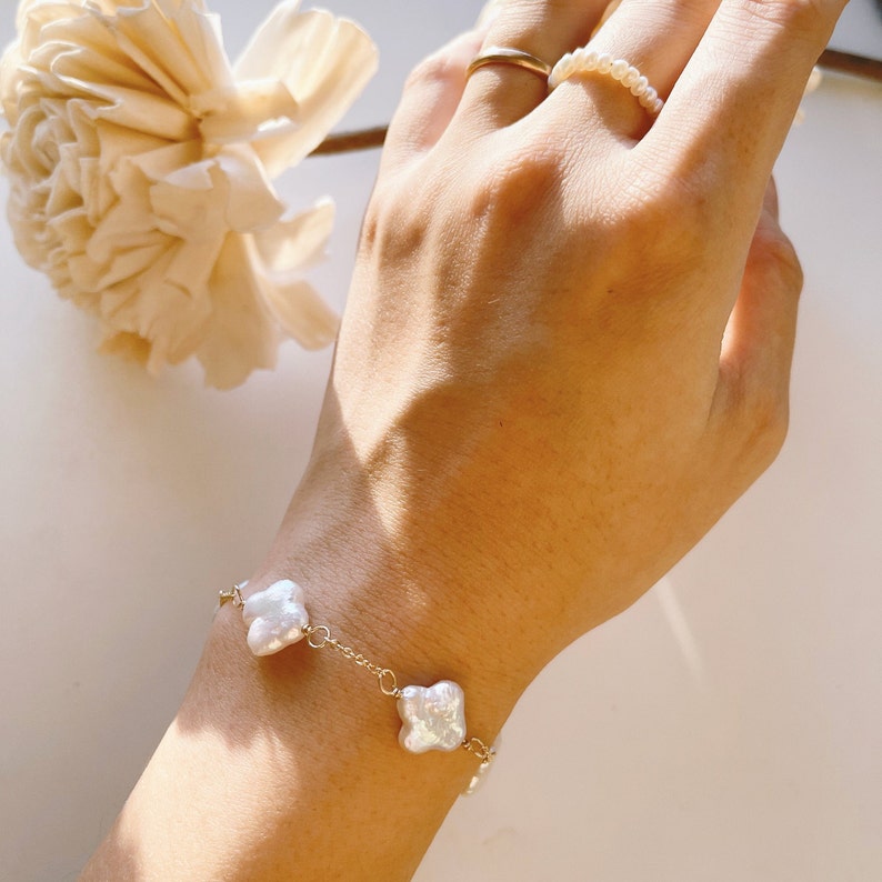 Baroque Pearl Bracelet White Four Leaf Clover Bracelet Gold Filled Chain Van Cleef Style Fortune Bracelet Mother's Day Gift image 8