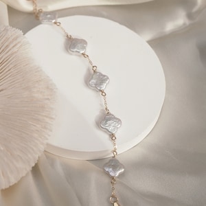 Baroque Pearl Bracelet White Four Leaf Clover Bracelet Gold Filled Chain Van Cleef Style Fortune Bracelet Mother's Day Gift image 2