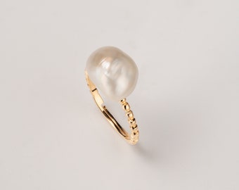 Nugget Barockperle Ring | weiße und lila Perle | Verstellbarer Ring | Geometrie Organic Keshi| Gold Ring | Erntedank Geschenk