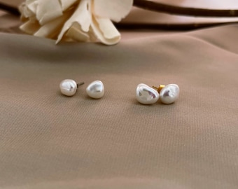 Small Baroque Pearl Ear Studs | Dainty Freshwater Keshi Pearl Earrings | Tiny Ear Studs | Sterling Silver |  18K Gold