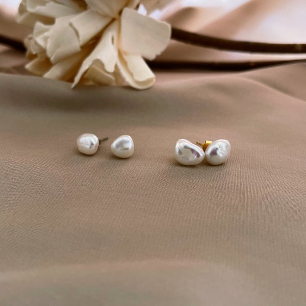 Small Baroque Pearl Ear Studs | Dainty Freshwater Keshi Pearl Earrings | Tiny Ear Studs | Sterling Silver |  18K Gold