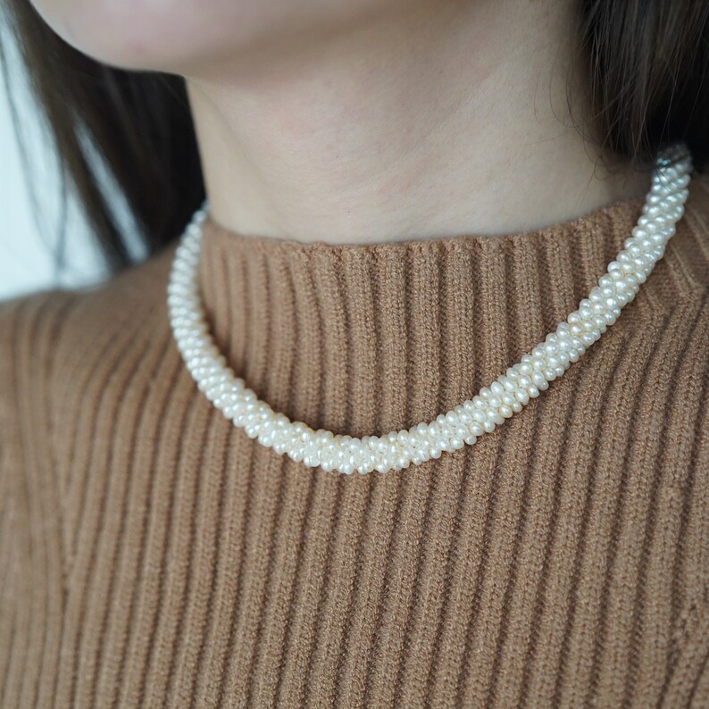 Weaved Pearl Necklace Freshwater Pearl Choker Minimalism Boho Adjustable Length Gold Filled Necklace Gift For Her image 4