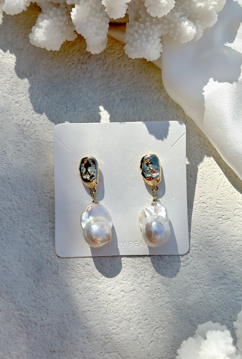 Large Baroque Pearl Drop Earrings White Fireball Baroque Minimalist Dainty Pearl Earrings Gold Vermeil Bridal Earrings image 1