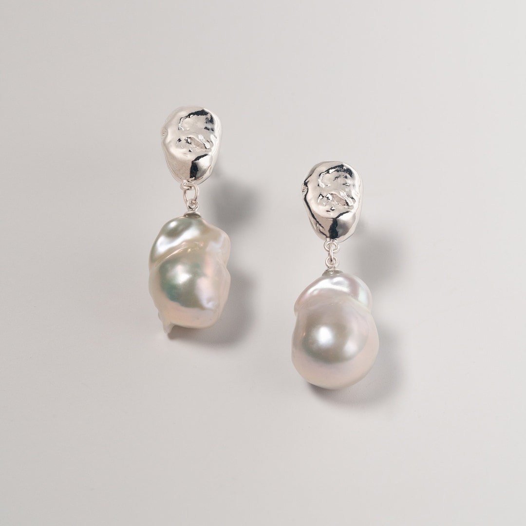 Sterling Silver Plated Two Tone Baroque Pearl C Hoop Drop Earrings main image 1