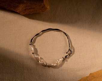 Keshi Bracciale Con Perla Barocca 12 Mm – Argento Sterling 925 Regolabile, Gioiello Naturale Unico