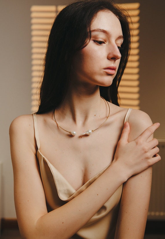 Baroque Pearl Choker: Gold Filled Collar, Freshwater Pearls