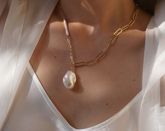 Baroque Pearl Necklace: 14K Gold Filled Chain, Keshi Stick