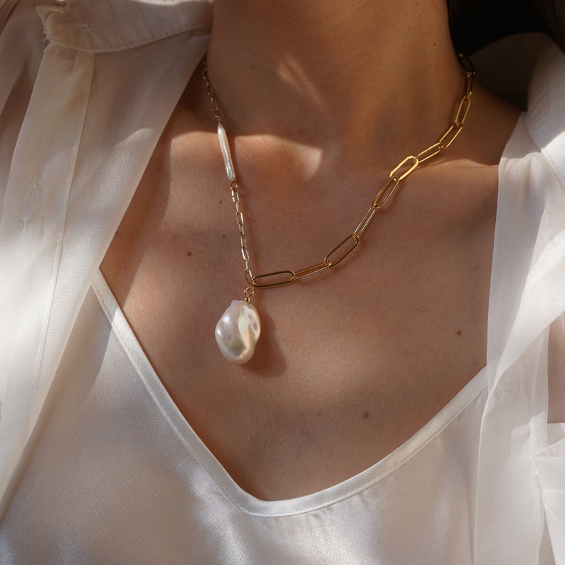 Baroque Pearl Necklace Freshwater Keshi Stick & Large Fireball Baroque Gold Filled Chain Adjustable Minimalist Necklace Mother's Day image 1