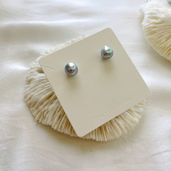 Blue Japanese Akoya Baroque Pearl Stud Earrings | Tiny Earrings | 18K white gold | S925 Silver |  Summer Jewelry | 7.5-8mm