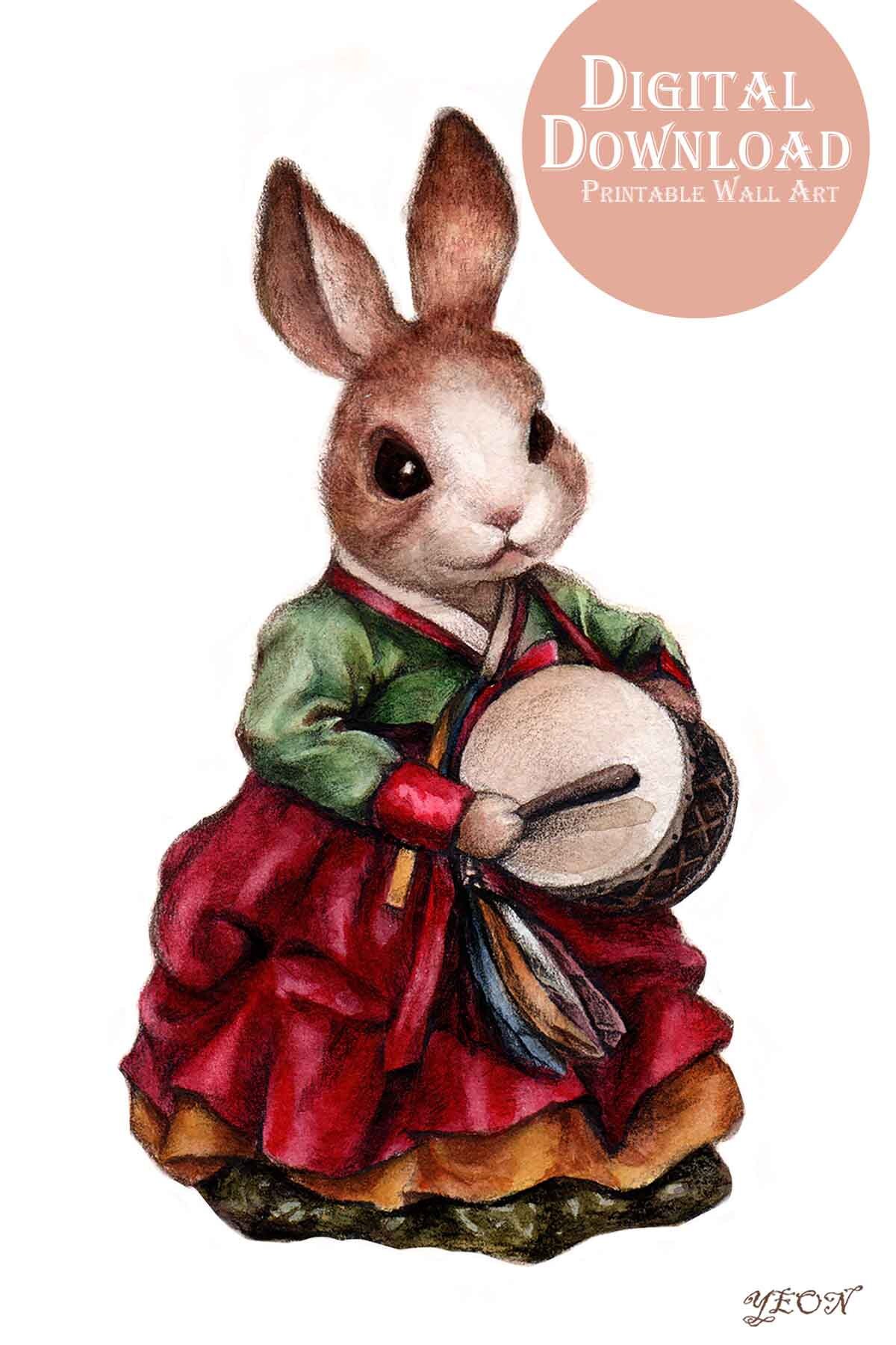 Rabbit in Korean Hanbok. Digital Download Etsy