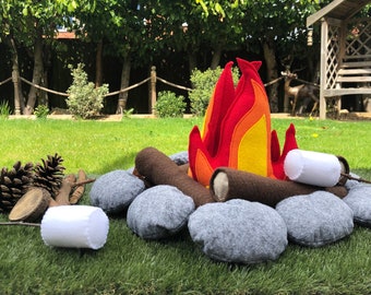 Handmade Felt Campfire Fire, Flames, Logs, Rocks, Marshmallows & sausages Children's Pretend Camping Play Gift Set Fun