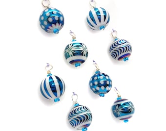 Blue Miniature Ornaments Set of 8, Mini Decorations for Christmas Tree, Small Glass Bead Dangles