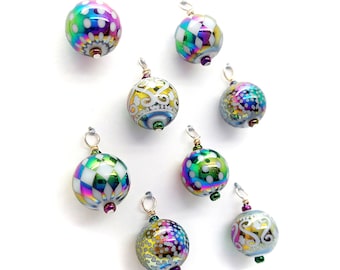 Miniature Ornaments Set of 8 pieces, Mini Decorations for Christmas Tree, Small Glass Bead Dangles in Metallic Rainbow Hues