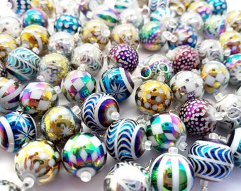 Bulk Miniature Christmas Ornaments, Grab Bag of Pretty Mini Glass Ball Baubles. 20 or 40 pieces, Assorted Metallic Color Patterns, 3/4" long