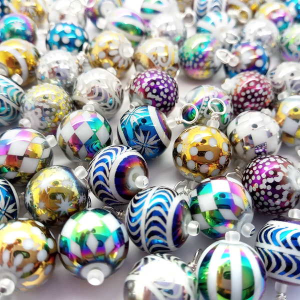 Bulk Miniature Christmas Ornaments, Grab Bag of Pretty Mini Glass Ball Baubles. 20 or 40 pieces, Assorted Metallic Color Patterns, 3/4" long