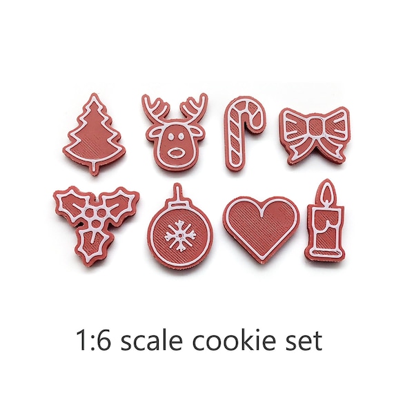 Mini Cookies for 1:6 Scale Dollhouse, Set of 8, Cute Gingerbread Shapes with Icing, Tiny Christmas Food Display, about 5/8 inch tall