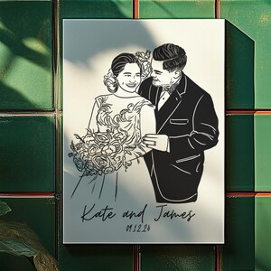 Retrato de arte lineal para regalar en pareja, dibujo digital personalizado, impresión minimalista de arte mural, regalo de aniversario, regalo de San Valentín