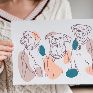 Impresión de pared con retrato de perro, dibujo digital personalizado, linda idea de regalo para dueños de mascotas en colores pastel, póster de arte lineal minimalista