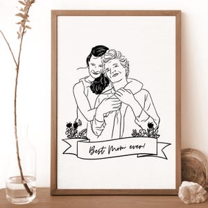 Retrato de mamá personalizado, regalo de madre e hija, regalo de cumpleaños personalizado, dibujo lineal, impresión de póster de arte de pared