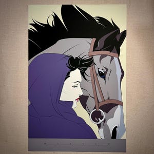 May include: A stylized illustration featuring a woman in a purple hood and a gray horse with a bridle. The woman's profile is visible, with red lipstick. The word "MIRAGE" is printed at the bottom of the image.