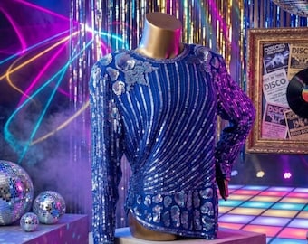 Vintage Blue Sequin Disco Retro Woman’s Long Sleeve Top Blouse 1980’s XL