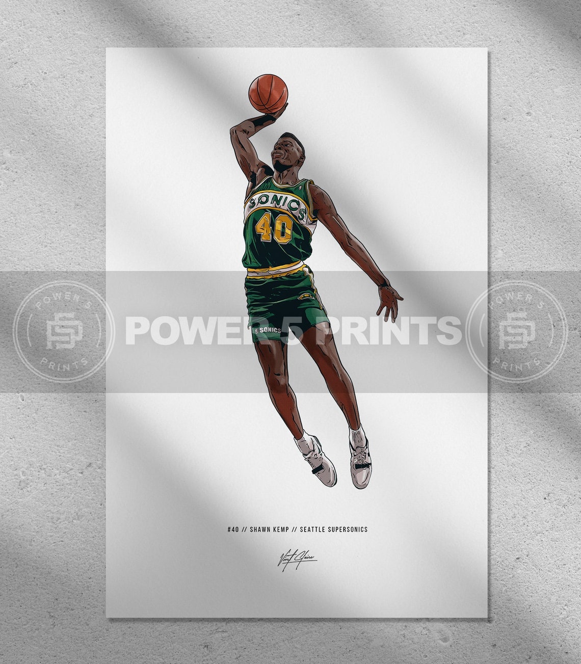 Shawn Kemp Seattle Supersonics Art Illustrated Print Poster Etsy