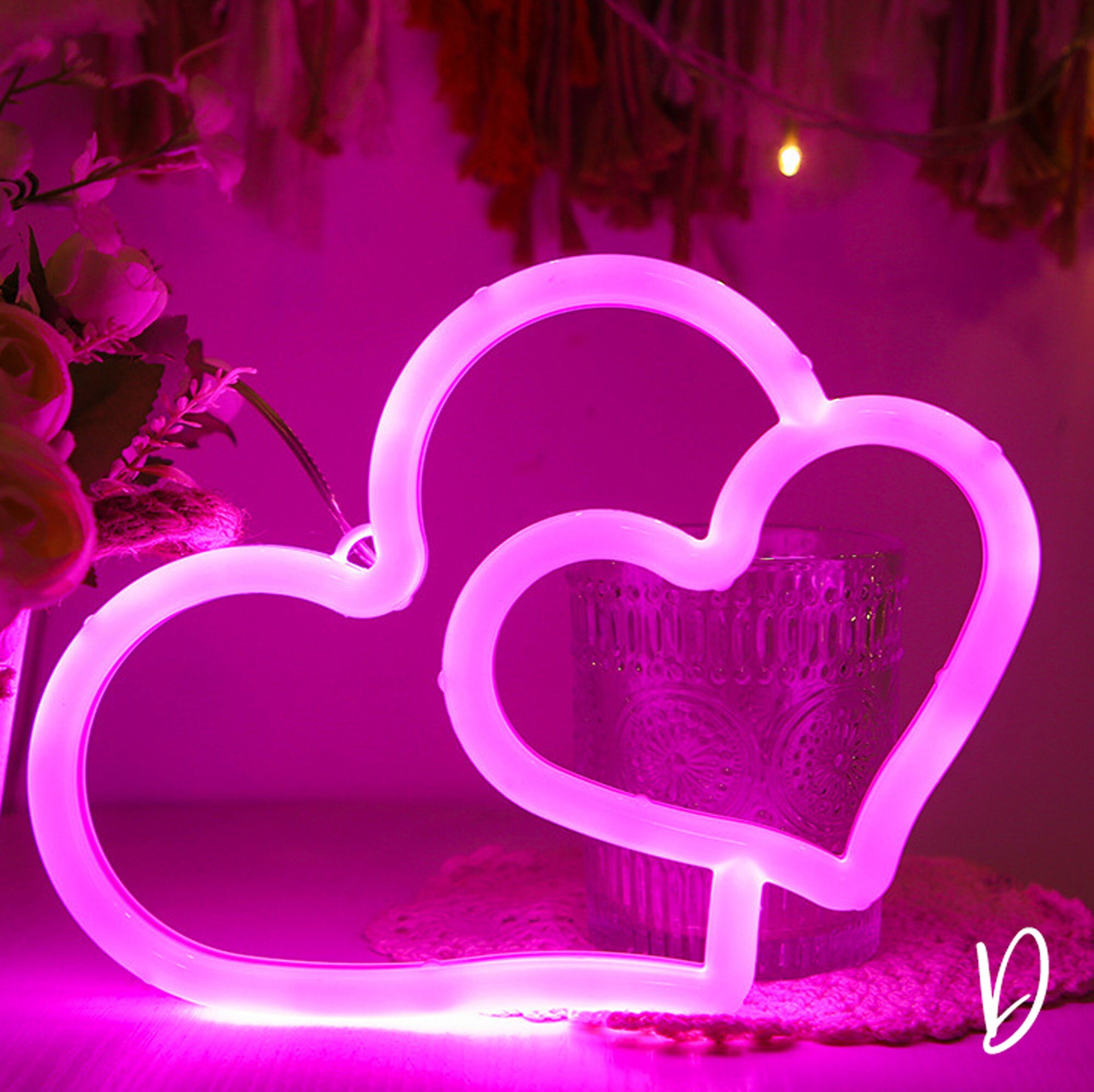 Double Love Shape Neon Led Sign Pink Heart Neon Decor Heart Etsy