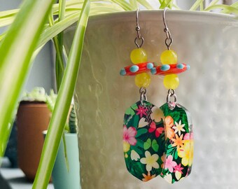 Tropical Flower Acrylic Charm Earrings with Lamp Work Glass Discs and Yellow Glass Beads