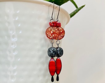King of the Jungle Dangle Earrings with Various Red Czech Glass Beads and Hematite Lions