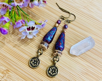 Rustic Brass Flower Charm Earrings with Purple Czech Glass Teardrops, Coconut Wood, Glass Beads