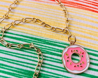 Pink Frosted Donut Necklace // Cute Sprinkle Donut // Charm Necklace // Gold Chain Necklace // Food Necklace // 20 Inch Chain // Unique Gift