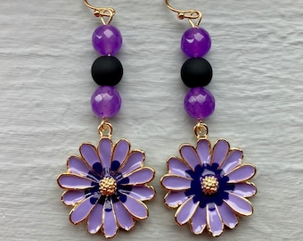 Purple and Gold Flower Earrings with Purple and Black Glass Beads, Unique Handmade Jewelry